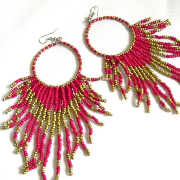 Jewelry - 3/$29! Fuchsia & Gold Beaded Fringe Boho Earrings